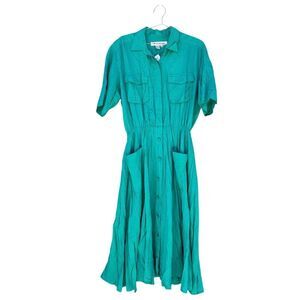 The French Fact Vintage 80's Teal Collar Short‎ Sleeves Silky Midi Dress